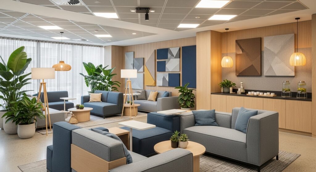Biophilic workplace lounge with greenery and acoustic design