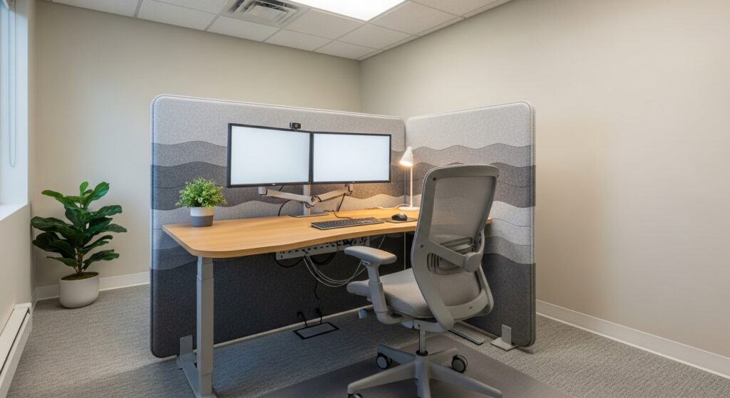 Flexible office focus zone with ergonomic furniture