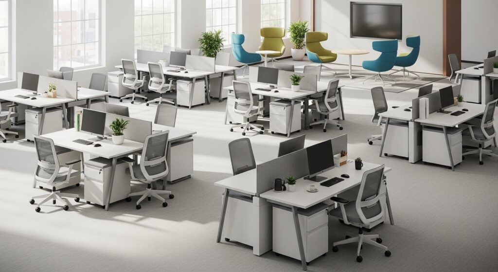 Modular office furniture layout for hybrid work