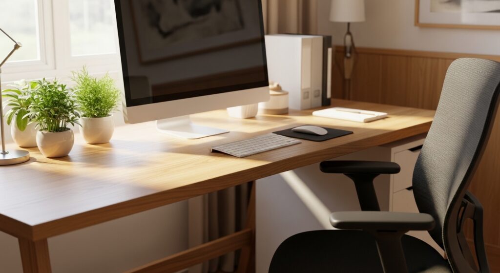 Natural home office desk with ergonomic chair and plants