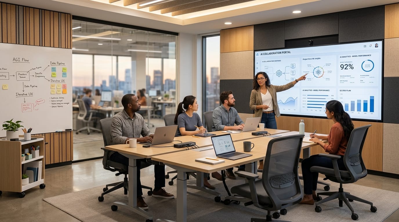 AI collaboration room with flexible office furniture and ergonomic meeting setup