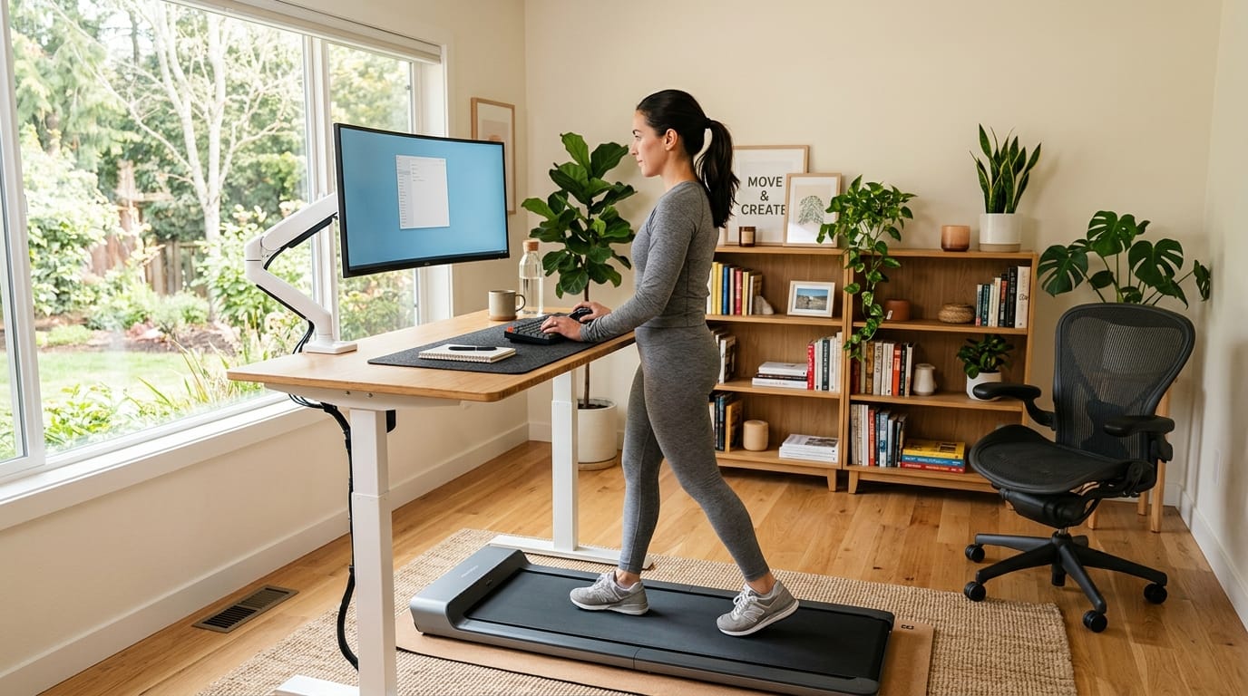 Active workstation setup with standing desk, ergonomic chair, and walking pad