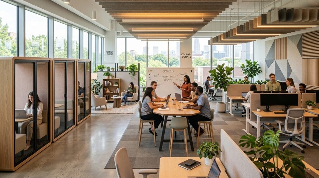 Collaborative office zone with modular furniture and acoustic dividers