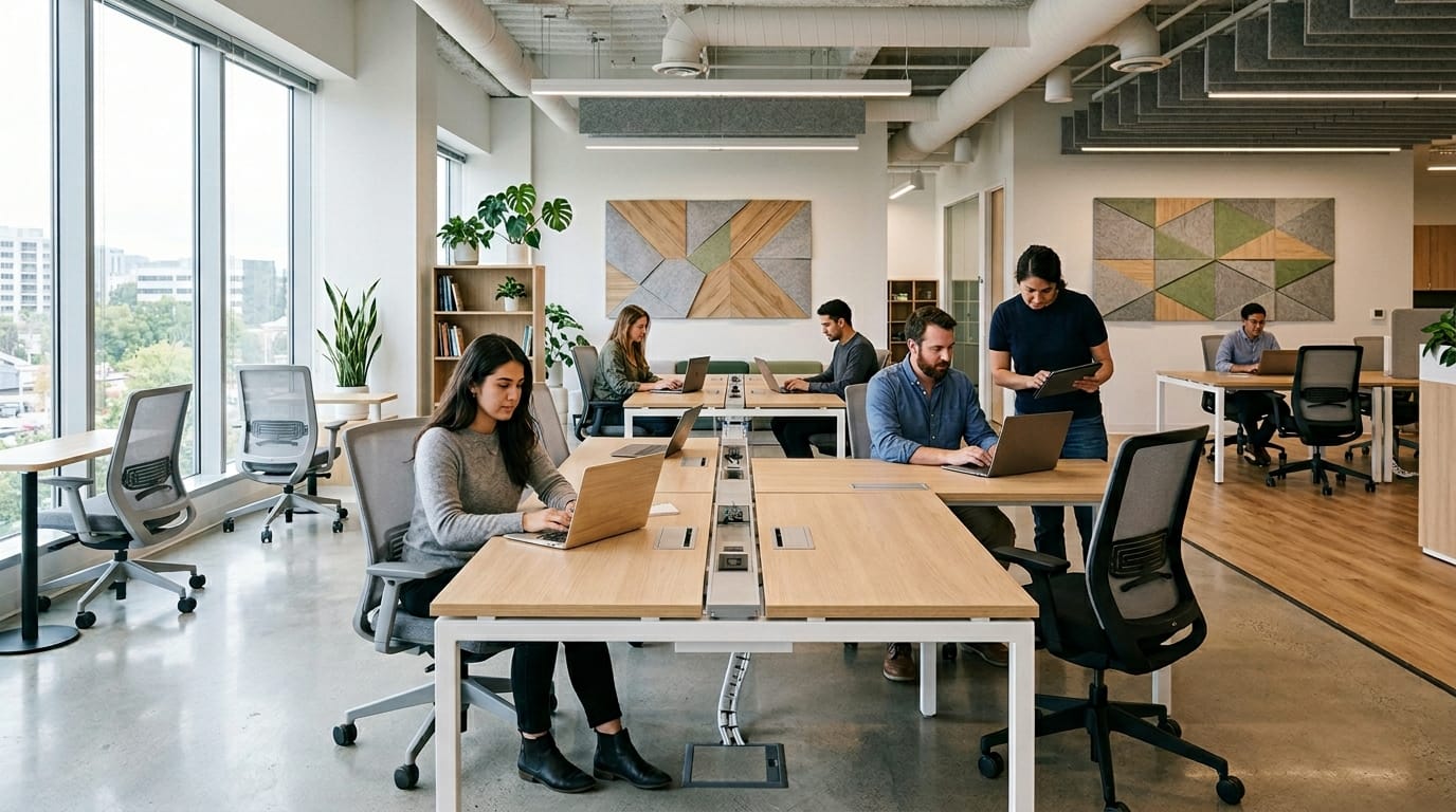 Flexible hybrid office using plug-and-play power furniture and modular desk layouts