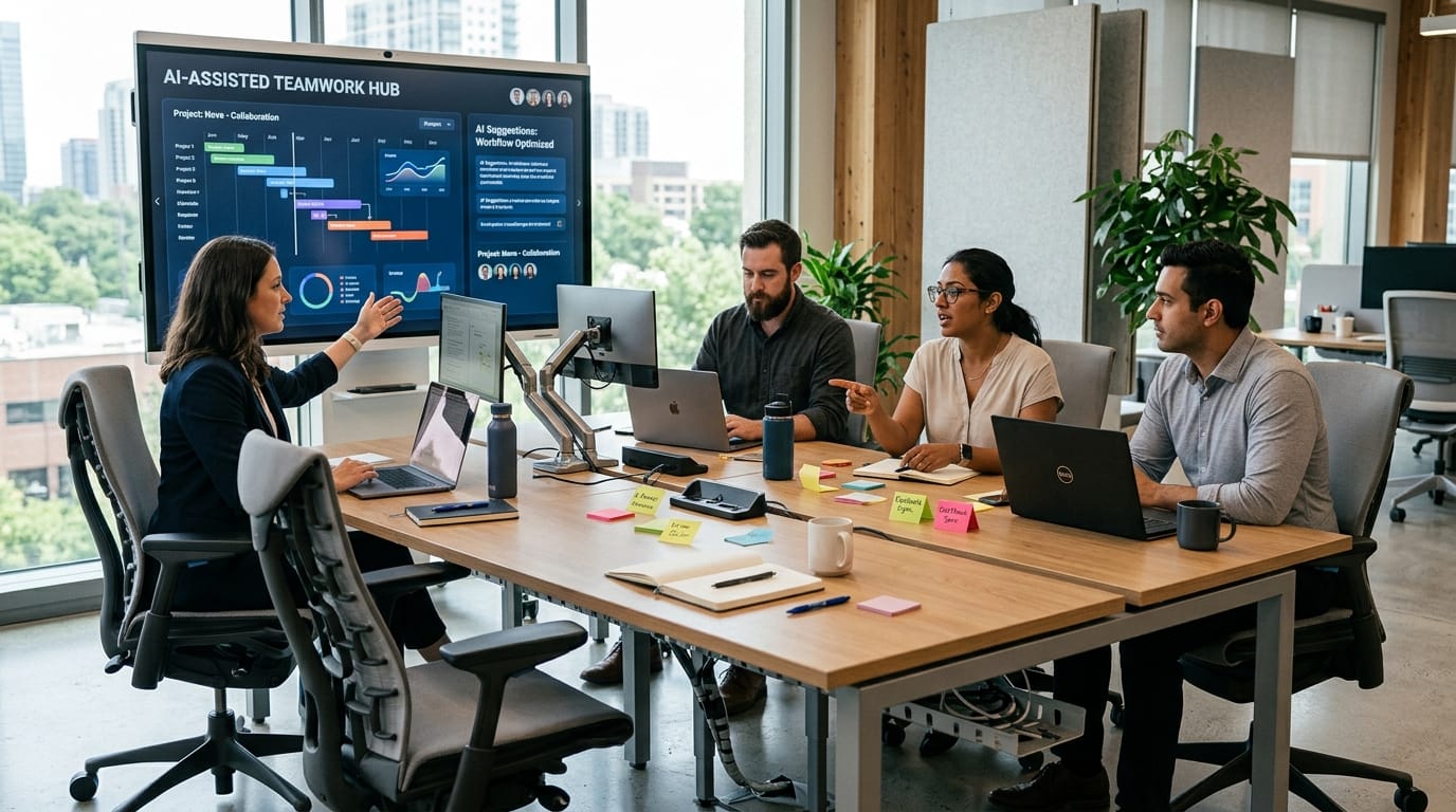 Flexible meeting table setup for AI collaboration rooms in a modern office