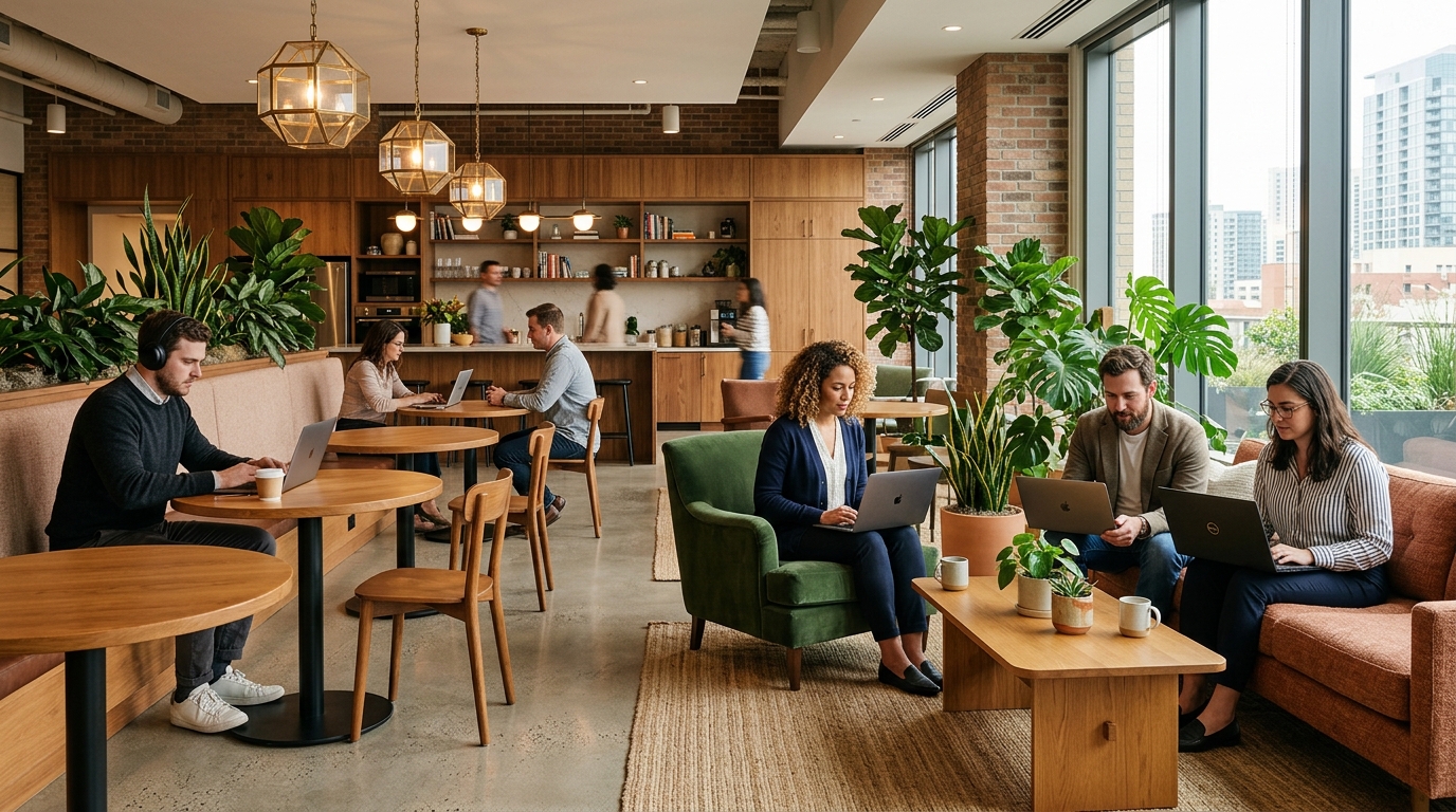 Hospitality-inspired office furniture with lounge seating and café tables in a warm modern workspace