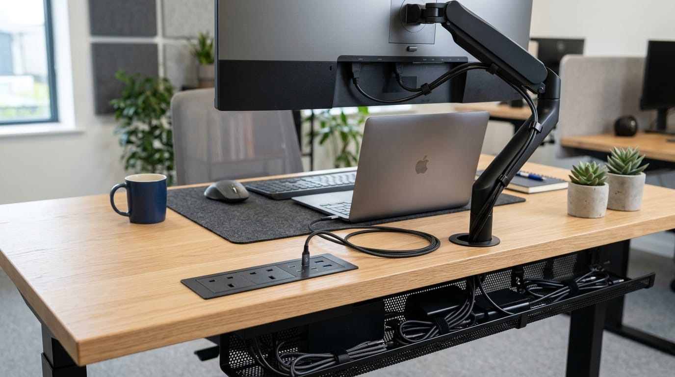 Office desk cable management system with hidden power access and organized charging cables