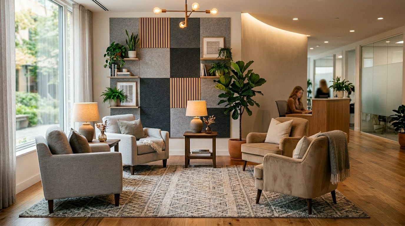 Office reception lounge using hospitality-inspired furniture to create a welcoming first impression