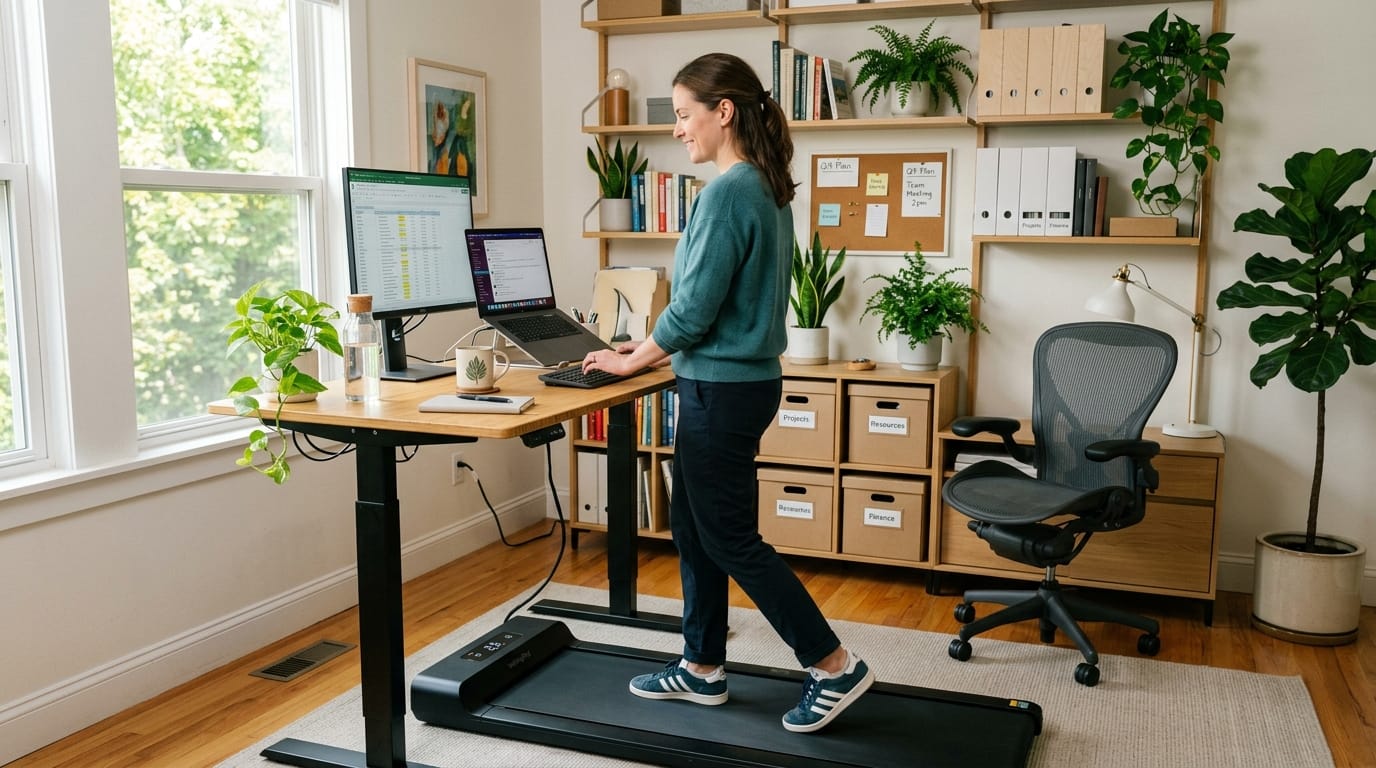 Person using walking pad in an active workstation setup