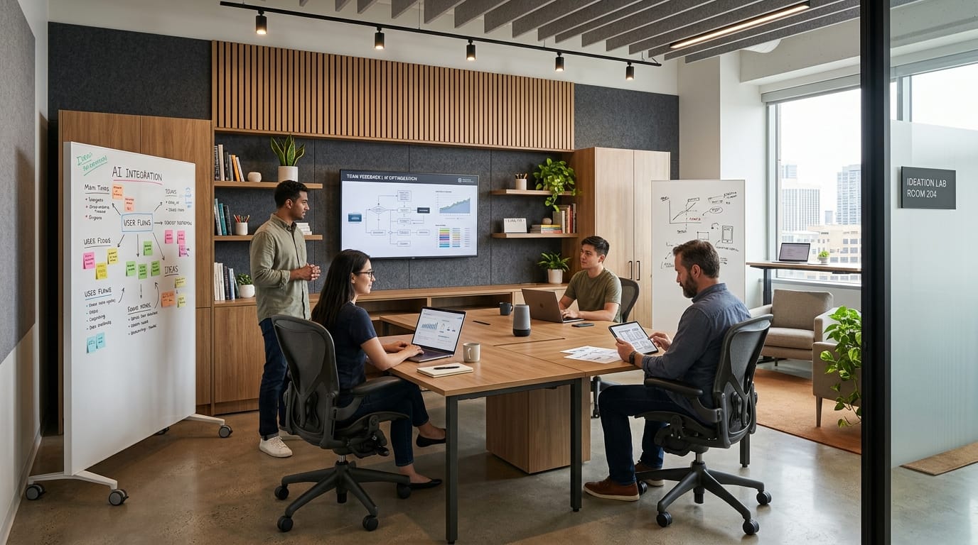 Quiet AI project room with modular furniture and acoustic office design