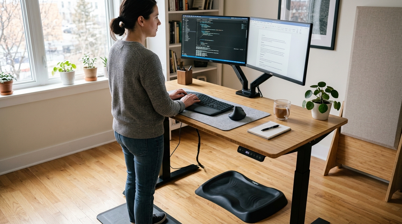 Sit-stand desk setup for an active workstation