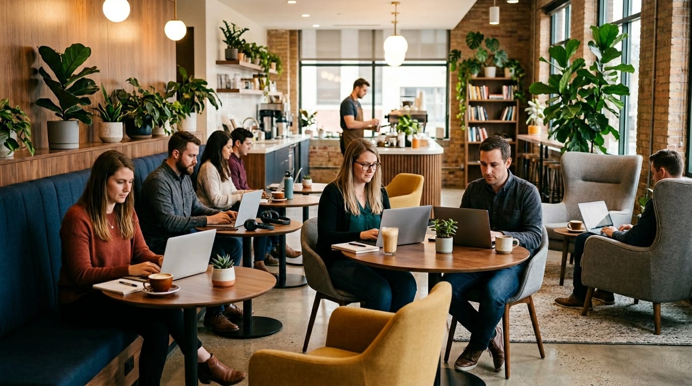 Workplace café seating designed with hospitality-inspired office furniture for hybrid teams