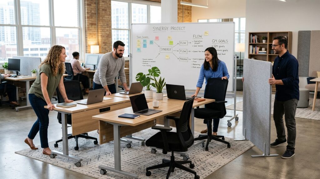 flexible modular office furniture layout for hybrid teams
