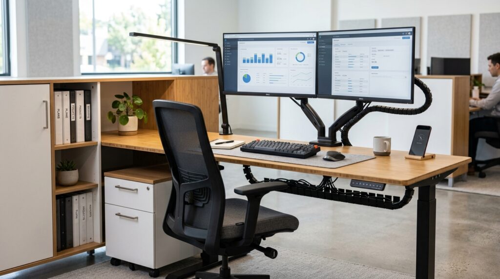 modular office furniture setup with storage and ergonomic desk
