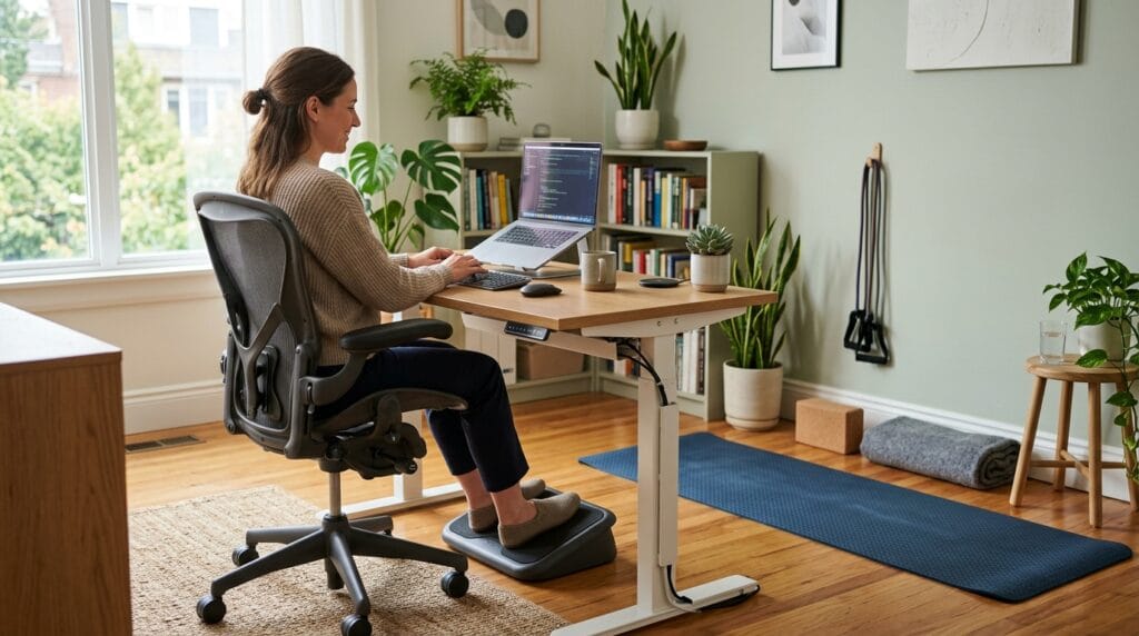 Microbreak-friendly workspace furniture setup with ergonomic desk chair and recovery corner