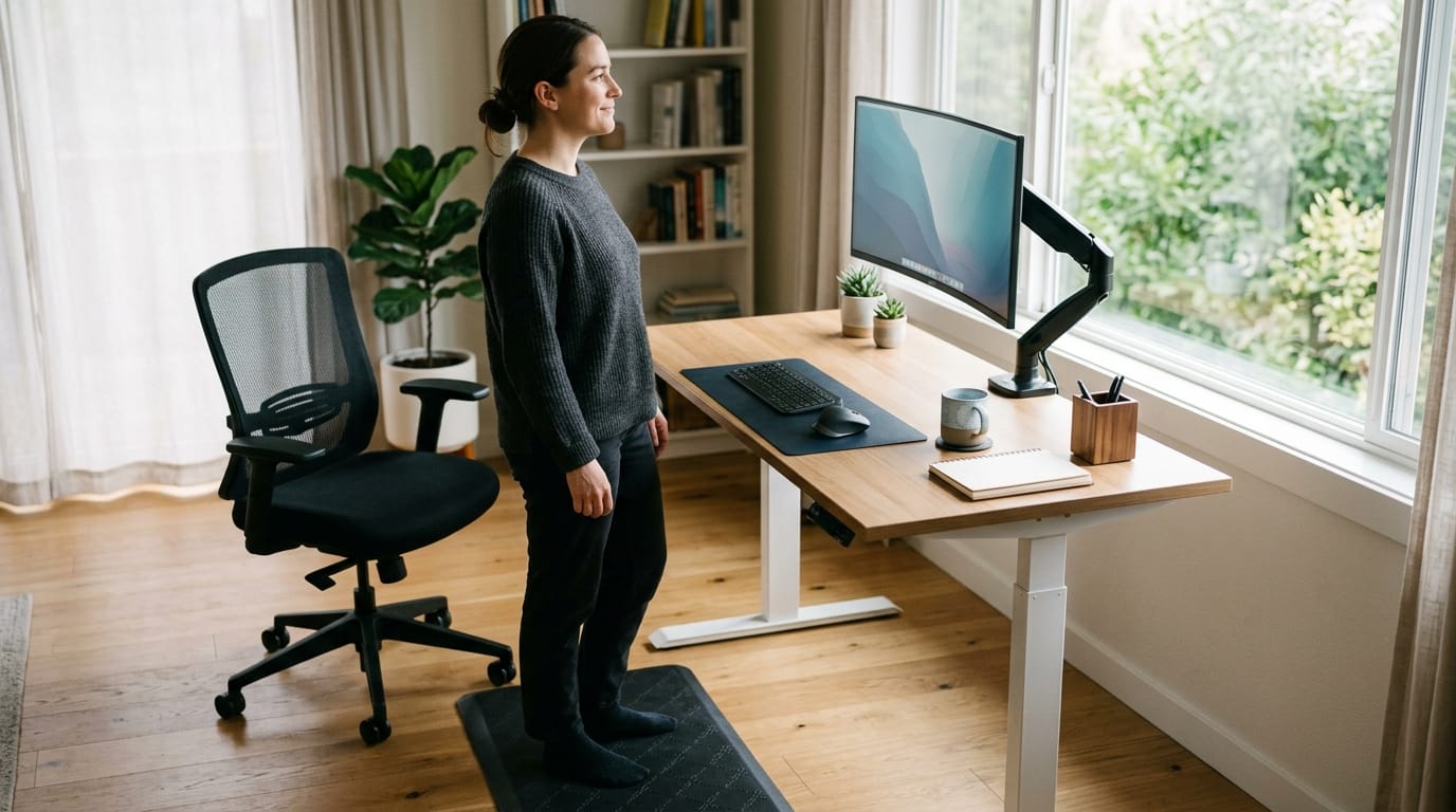 Person taking a short microbreak beside an ergonomic sit-stand desk