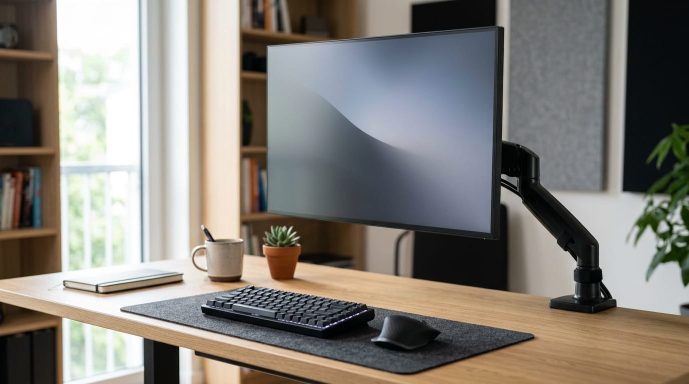 Adjustable monitor arm set at eye level on an ergonomic desk