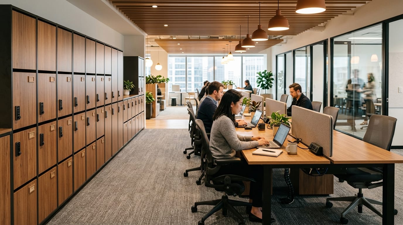 Office lockers beside flexible touchdown desks for hybrid workers