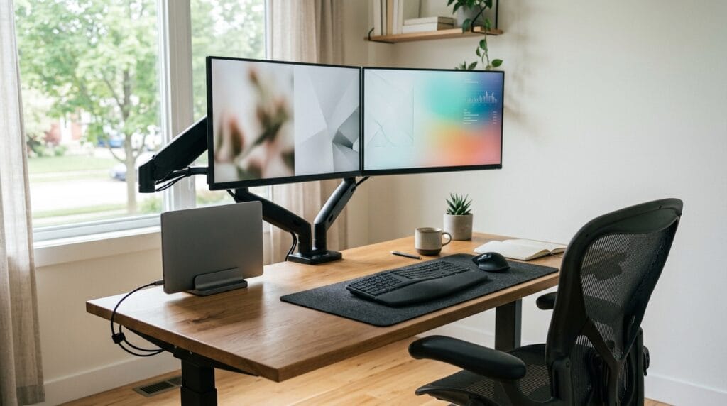 Screen-first ergonomic workstation with dual monitor arms