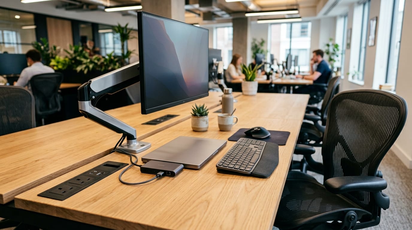 Shared hoteling desk with monitor arm and built-in power access