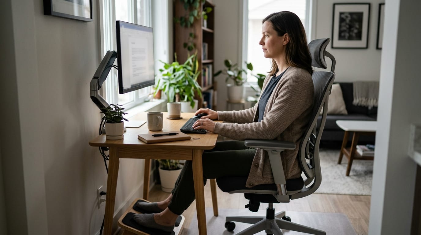 Remote worker using an ergonomic office chair and proper seated posture in a small home office