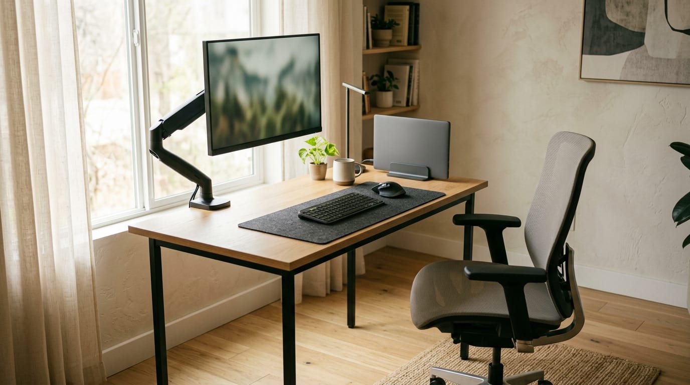 Space-saving home office desk with an adjustable monitor arm and ergonomic keyboard placement